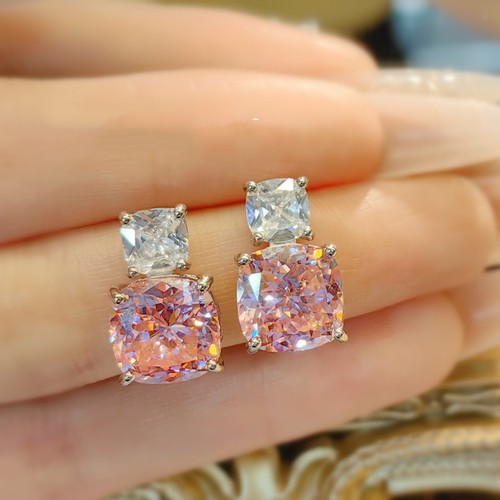 New 10mm Ice Flower Cut Pink Topaz Gemstone Charm Women Girl Silver Stud Earring - Picture 3 of 6