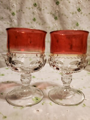VTG MCM PR  TIFFIN KINGS CROWN THUMBPRINT RUBY WINE GOBLETS