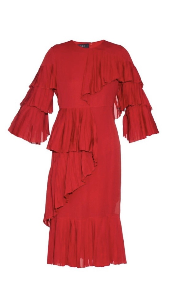 GUCCI★グッチ★素敵!RUFFLE DETAIL REDCORAL LACE SHIRT DRESS Gucci Ruffled Silk-Georgette Hibiscus Red Dress It. 42