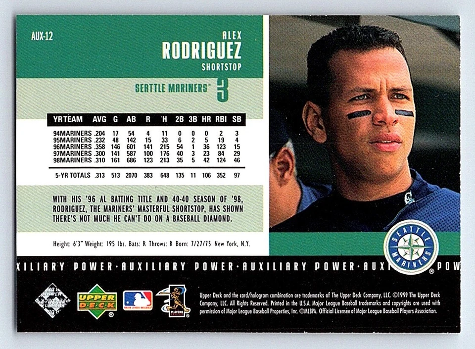 1999 Upper Deck PowerDeck Auxiliary Alex Rodriguez Seattle Mariners #AUX-12 - Image 2 of 2