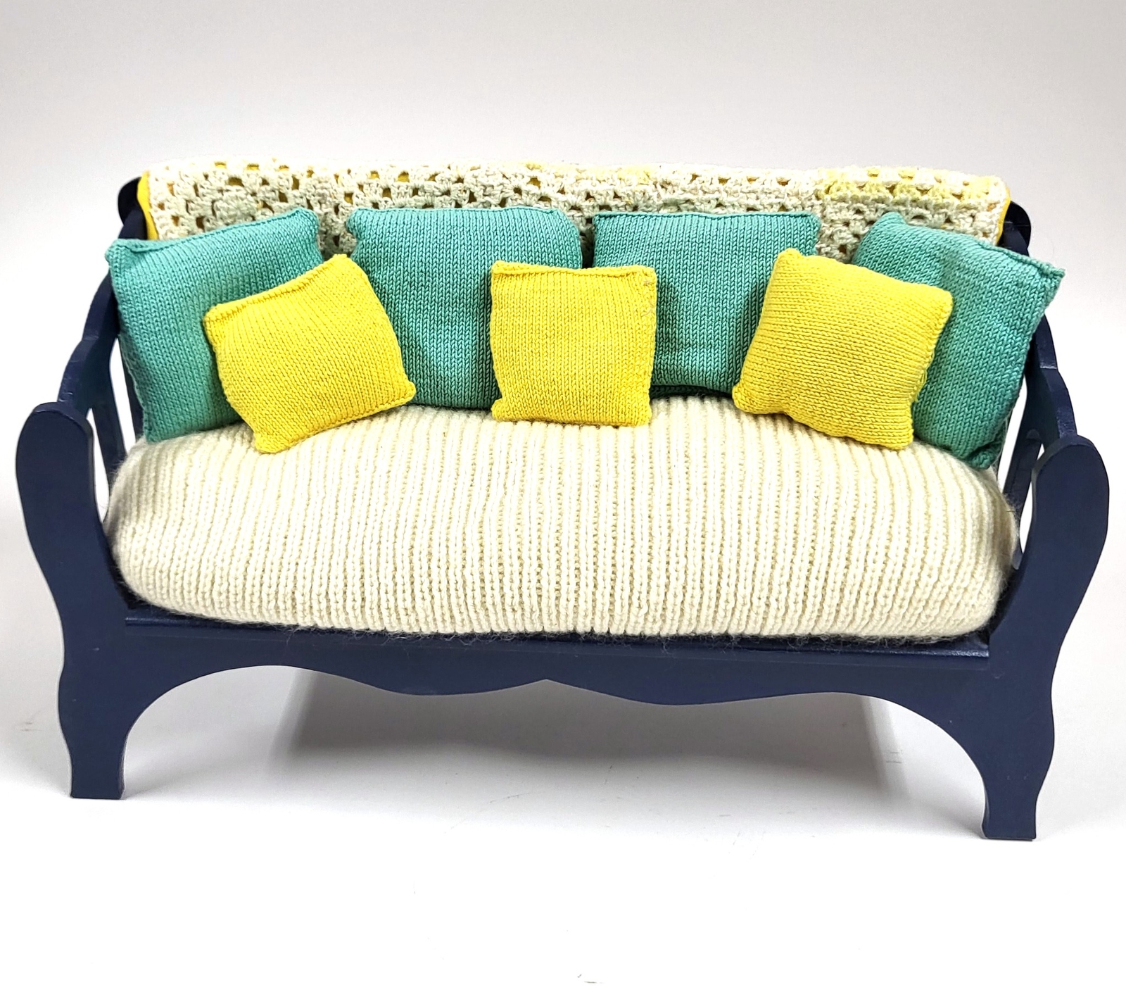 Banco Azul De Muñeca De Madera Vintage 20" Muebles Hechos A Mano BB394