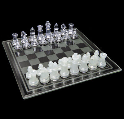 NEW 8x8” Glass Chess Set Board Game Frosted and Clear Pieces In Box Fast Ship!!