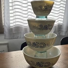 PYREX Blue Floral Milk Glass Mixing Bowl Set Four-Piece Glossy Finish