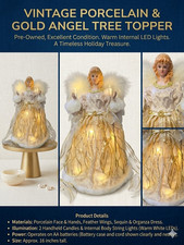 Porcelain Gold Angel Tree Topper LED Lights Feather Wings 16in Christmas Decor