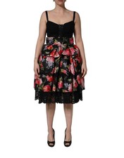 Dolce & Gabbana Black Sleeveless Bustier Floral Print Tiered Women's Dress