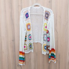 Womens Granny Square Crochet Cardigan Size L White Boho Rainbow Festival Hippie