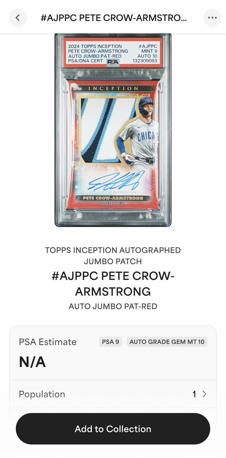 2024 Topps Inception Auto Patch Pete Crow-Armstrong #AJP-PC Red /25 PSA 9 POP 1 view 4