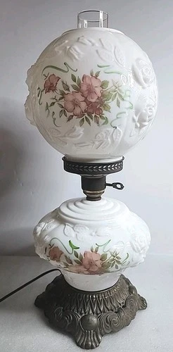Vtg Fenton Gone With The Wind Three Way Milk Glass Globe Lamp Cabbage Rose 21"