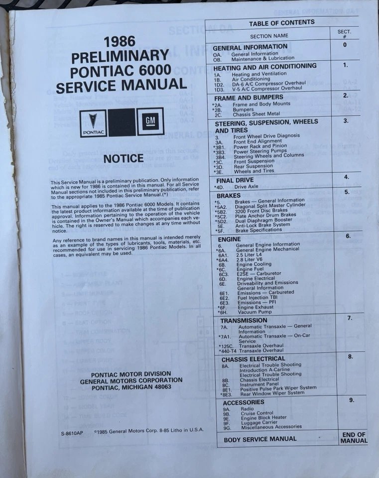 Pontiac 6000 informações preliminares de serviço 1986 usado - Imagem 2 de 3