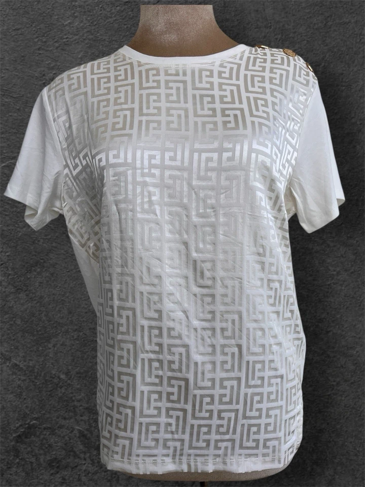 Balmain Luxe t-shirt Femme Oversize Blanc Monogramme Imprimé Tonal Or Neuf - Photo 3/4
