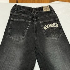 Y2K Avirex Wide Legged Jeans Boys Youth Size 10 Black Denim Embroidered Pocket