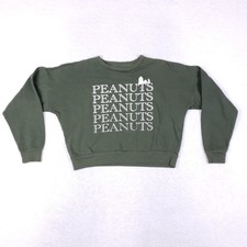 Peanuts Snoopy Graphic Sweatshirt Womens Large Cropped Crewneck Olive Green Top