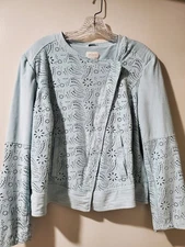 Chico's Size 2 (L) Zip-Front Motor Aqua Faux Suede Laser Cut Jacket