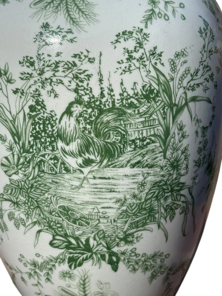 Green and White Toile Rooster French Country Vase Ceramic Transferware - Image 2 of 4