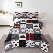 Hunting Plaid Comforter Set Queen Size,Deer Antler Bear Wild Animals Arrow Rusti