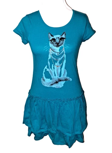 Girls OLD NAVY aqua cat t shirt dress 10 12 cotton knit rhinestone ruffle teal