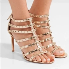VALENTINO Rockstud Gold Leather Cage Sandal Heels 37.5 EU