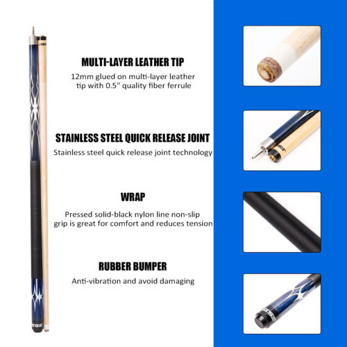 BLUE 58" 2-Piece Canadian Maple Billiard Pool Cue Stick, House Bar Cue (18-21oz) - Picture 29 of 29
