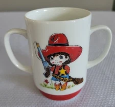 Vintage Childs Double Handled Cowboy Mug, Porcelain Childs Western Cup 4"