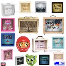 Image of Wooden Money Box Frame Glass Coins Notes Savings Piggy Bank Ceramic Travel Fund