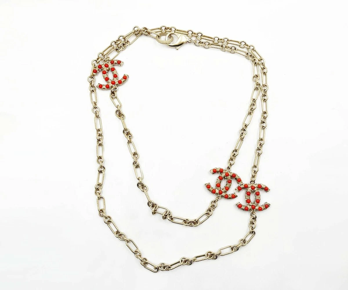 Chanel Gold CC Red Bead Chain Necklace