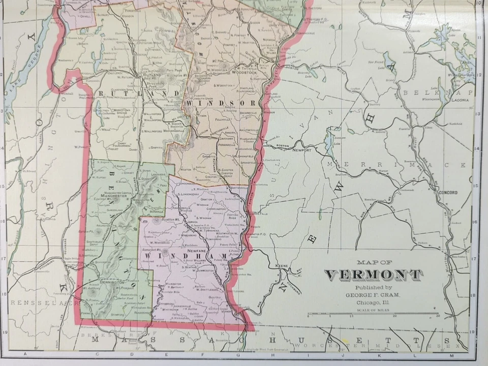 Mapa VERMONT 1901 14"x22" ~ Antiguo Antiguo Original RUTLAND WOODSTOCK VT Foto 4 de 4