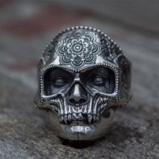 BAGUE ACIER INOXYDABLE TÊTE DE MORT FLEUR SANTA MUERTE BIKER CRÂNE 