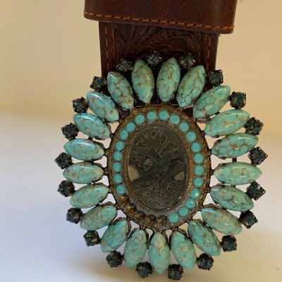 Tony Lama Brown and Silver Women\'s Belt with turquoise accents. Size medium Tony Lama Womens Tooled Brown Leather Belt Silver Turquoise  main image 2