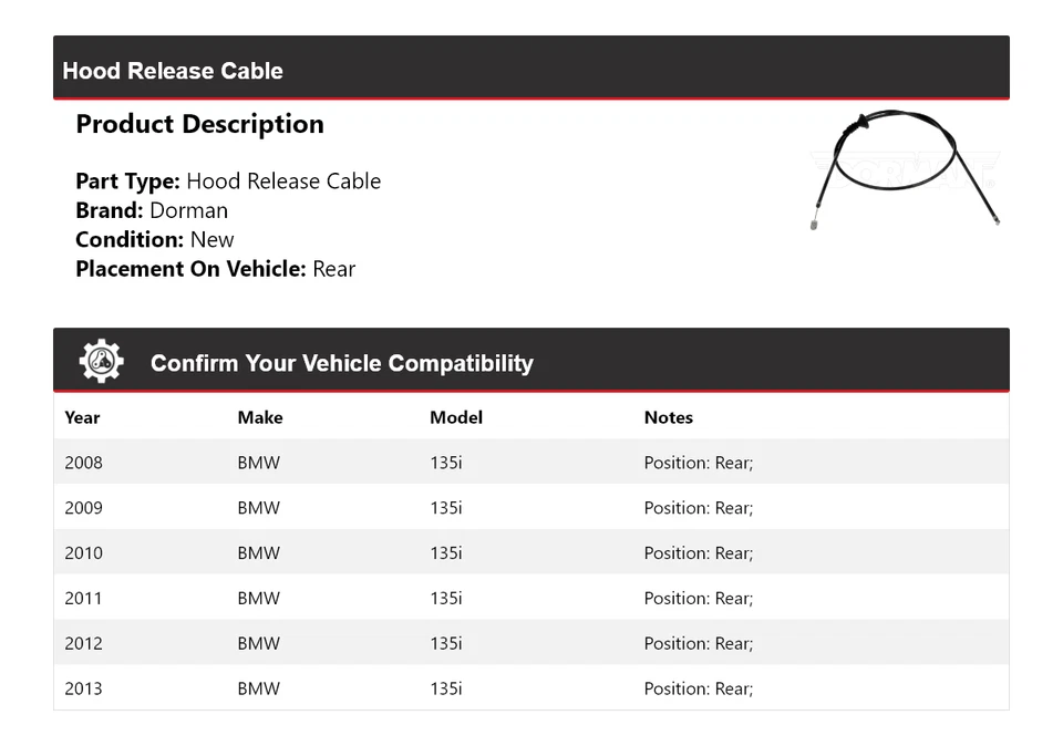 Cable de liberación de capó trasero para BMW 135i Dorman 2008-2013 2009 2010 2011 2012 Foto 2 de 4
