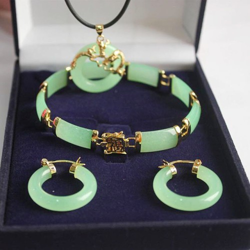 3pcs Women Jade 18K Gold Plated Jewelry Necklace Earrings Bracelet Birthday Gift - Picture 14 of 24