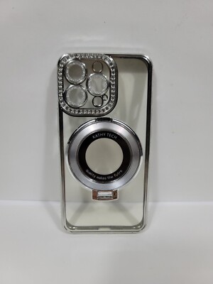 Kathy Tech Jeweled Phone Case for Iphone 13 Pro w Kickstand Clear Silver
