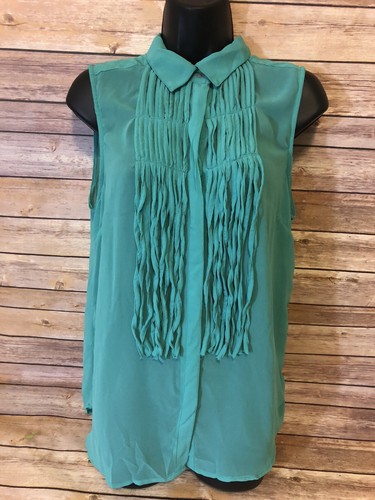 Angie Sleeveless Fringe Shirt Size Large Womens Green Western Button Down New - Picture 9 of 10