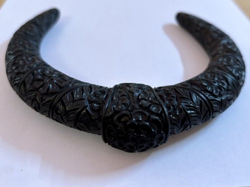 Ebony Wood Collar Neck Kanthi Hasli Choker Open Necklace Floral Design Carved - Picture 7 of 7