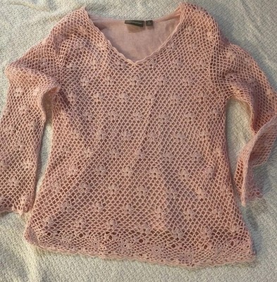 Vintage Aesthetic Pink Crochet Lace Long Sleeve Top Medium Romantic Shabby Chic