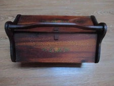 Vintage MCM Flower Wooden Sewing Box Caddy Flip Top Doors ~ Yarn, Sewing, Thread