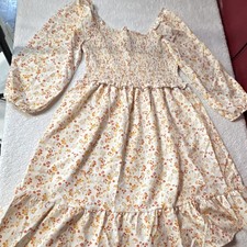 Ivory Orange Yellow Floral Smocked Ruffle Balloon Sleeve Midi Dress Size S