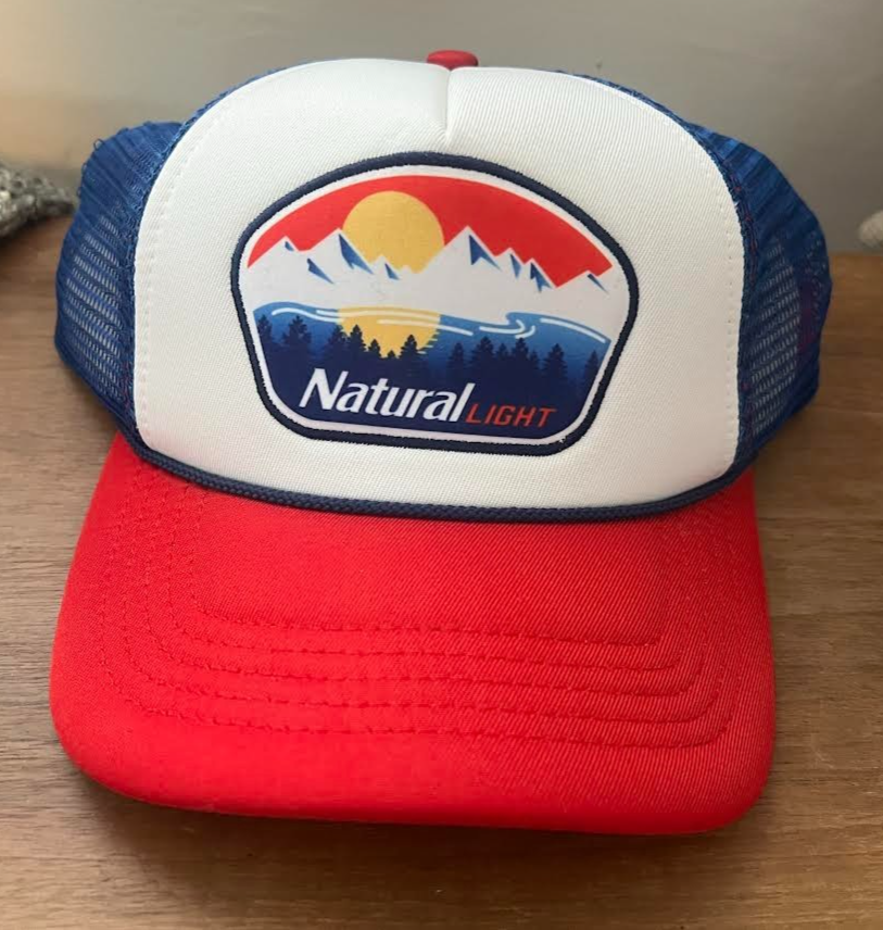 Natural Light Beer Hat Trucker Cap with Mountains Forest Design in Red White Blue Mesh