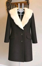 Vintage Fox Fur Collar Coat Womens XS Brown Wool Old Money Classic 80s 90s