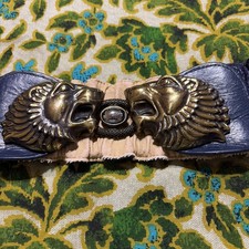 Vintage 1980  s Blue Leather Belt By Artigiano Belts Lion Heads 28 In Long