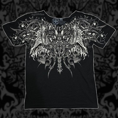 Affliction Reflective Short Sleeve T-shirt w White Skulls & Wings - Black & Grey
