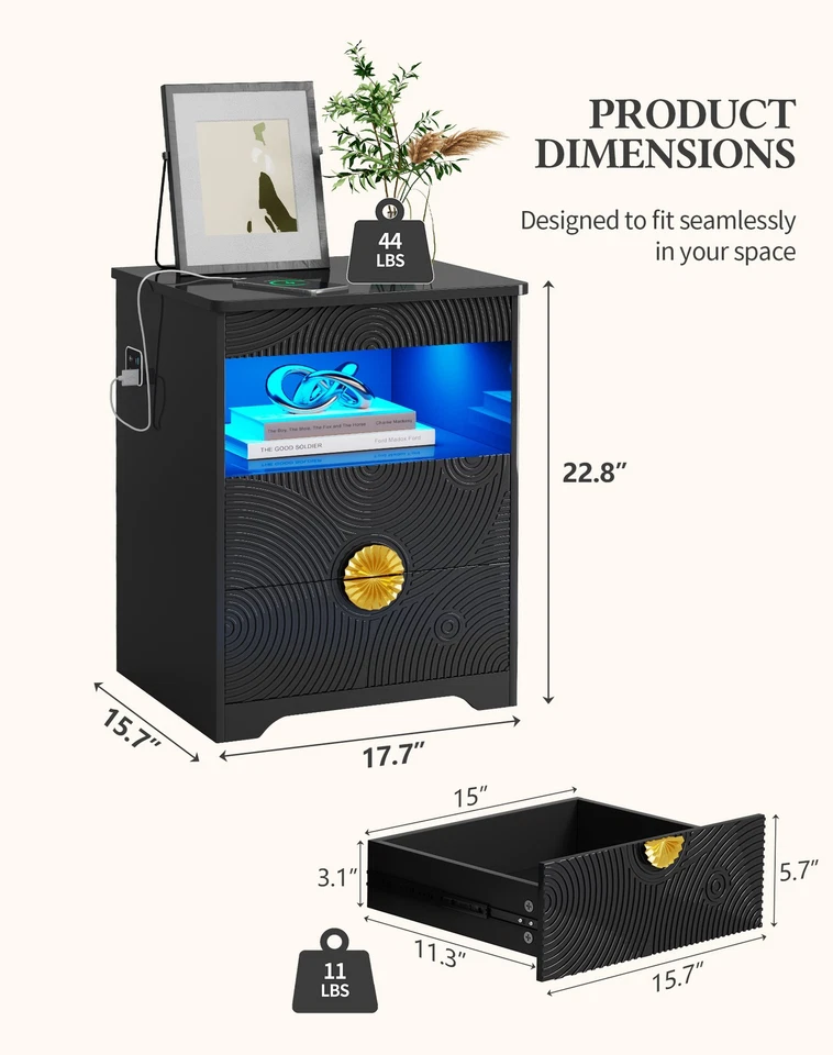 Mesita de Noche con Cajón para Pistola, Mesita de Noche Inteligente con Estación de Cargador y Luz LED Foto 2 de 4