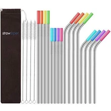 16 Pack Reusable Stainless Steel Straws,with Silicone Tips Metal Drinking Straws