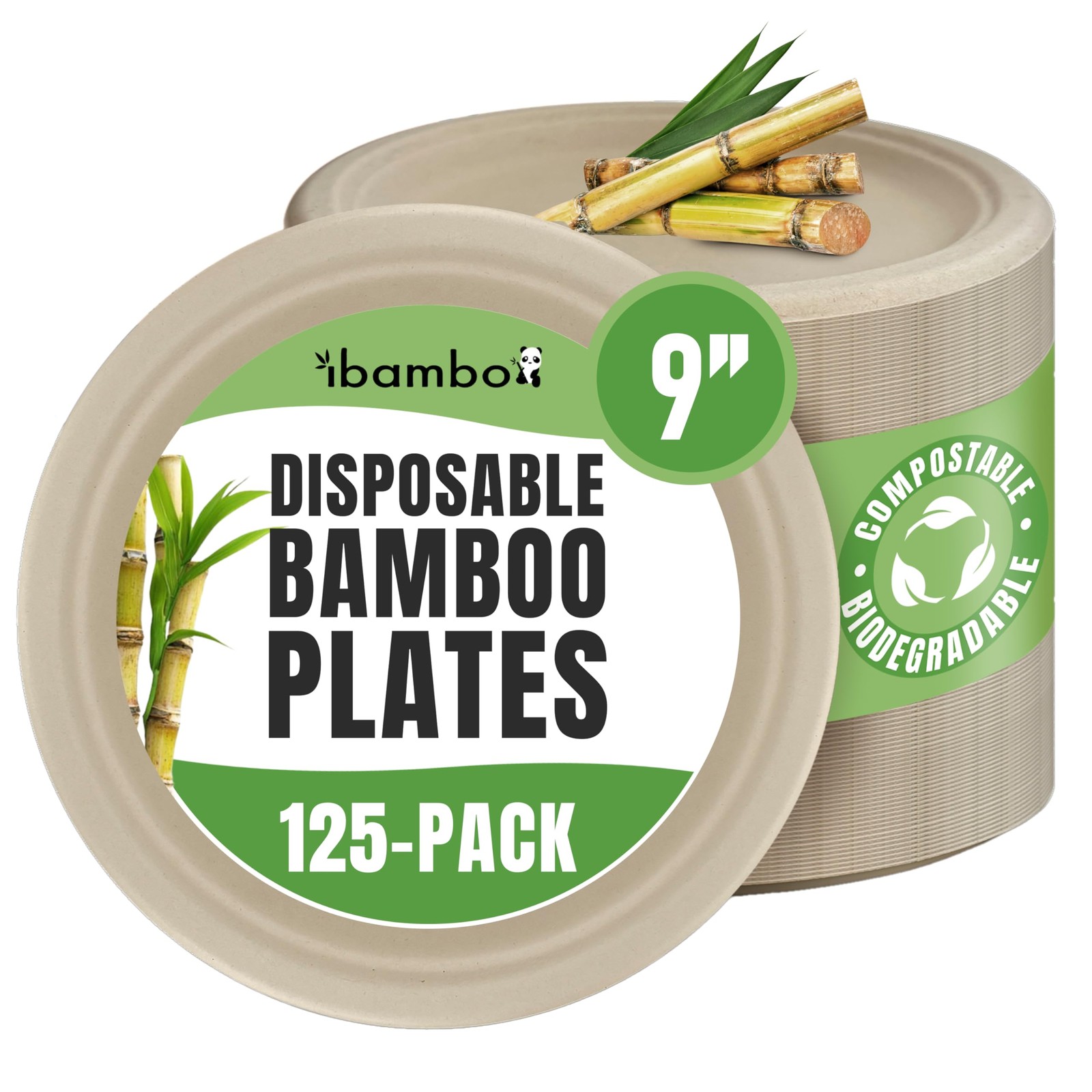 ibambo Bamboo Paper Plates Compostable 125-Pack, 9-inch | Sturdy  Microwave S...