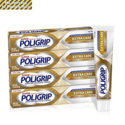 Extra Care Denture Adhesive Cream, Flavor-Free, Zinc-Free - 2.2 Oz (4 Pack)