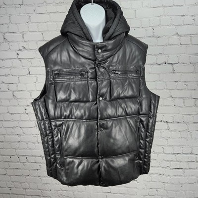 Sean John Black Faux Leather Full Zip Snap Insulated Hooded Puffer Vest XL