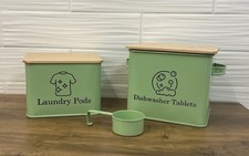 Modern Farmhouse Metal Dishwasher Laundry Pods Containers with Wood Lid Mint