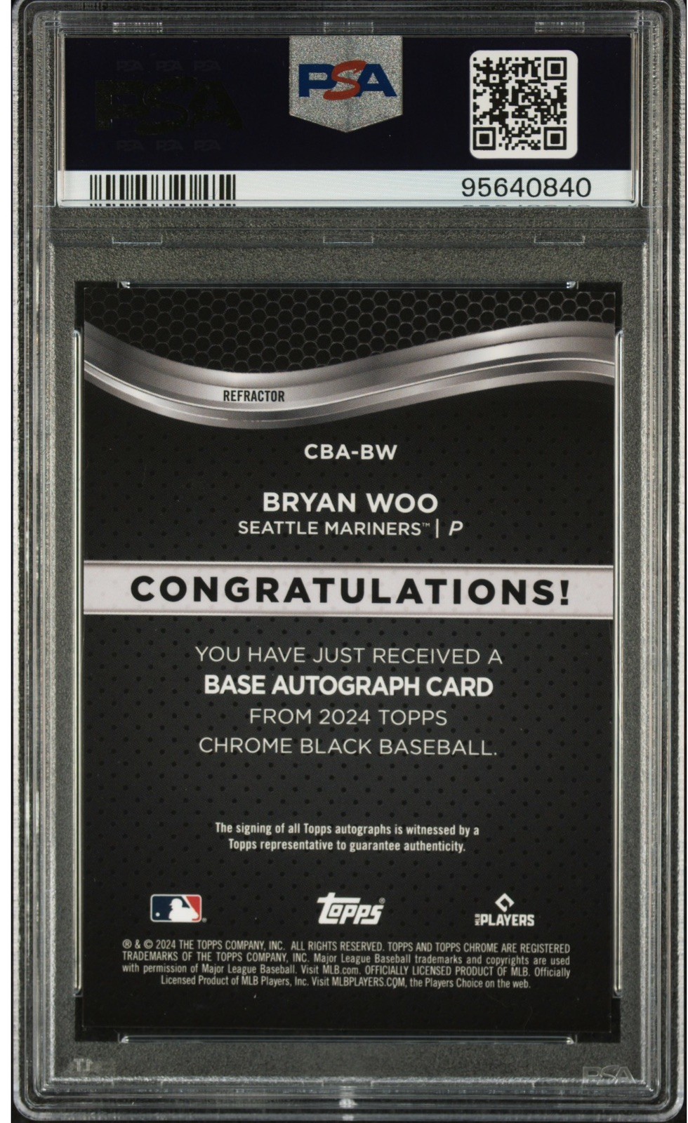 Topps Chrome /150 Bryan Woo AUTO REFRACTOR PSA 10💎POP 3 ROOKIE📈Mariners Ace view 3