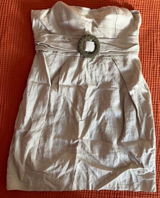 Women s Summer Linen Mini Dress Beige Strapless Sleeveless Buckle Padded Sz Lrg