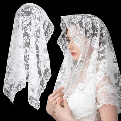 Psyqtsuary White Lace Veil Bridal Wedding Veils Spanish Style Laces Veil Veils 