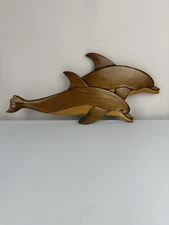 Handcrafted 3D Intarsia Wood Dolphin Wall Plaque Coastal Nautical Beach Decor